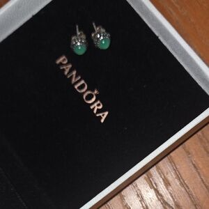Pandora Sterling Silver Earrings with Green Cabochon Stones